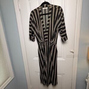 AURA Kimono Midi Dress Striped V-Neck Womens Size Medium Black Tan White